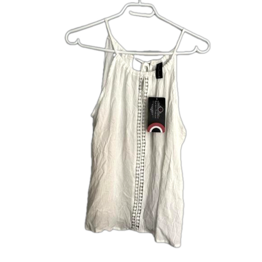 SACRED THREAD NWT White Tank Top OS . peep hole at front and tie back. summer